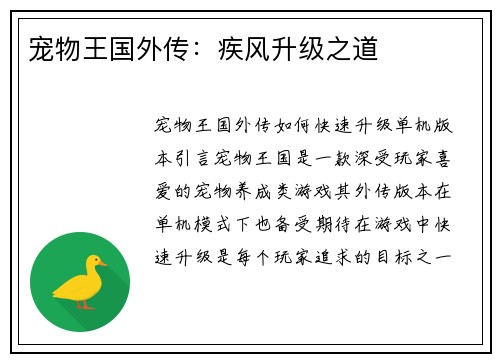 宠物王国外传：疾风升级之道