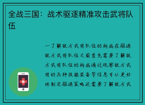 全战三国：战术驱逐精准攻击武将队伍