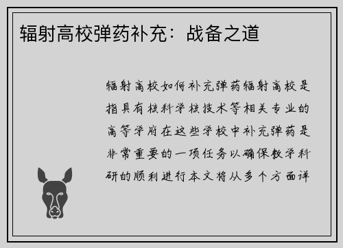 辐射高校弹药补充：战备之道